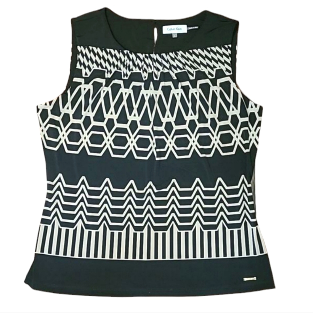 Calvin Klein Dressy Tank Top Pleated High Round Neck Blouse Sleeveless Geometric